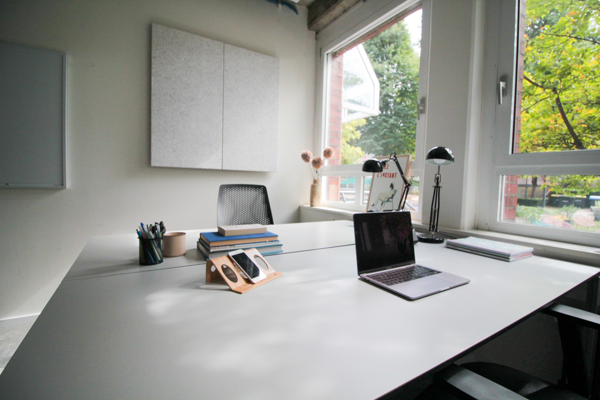 Büro mieten in Düsseldorf: Zwei Schreibtische von der Seite mit einem Laptop und Blick ins Grüne